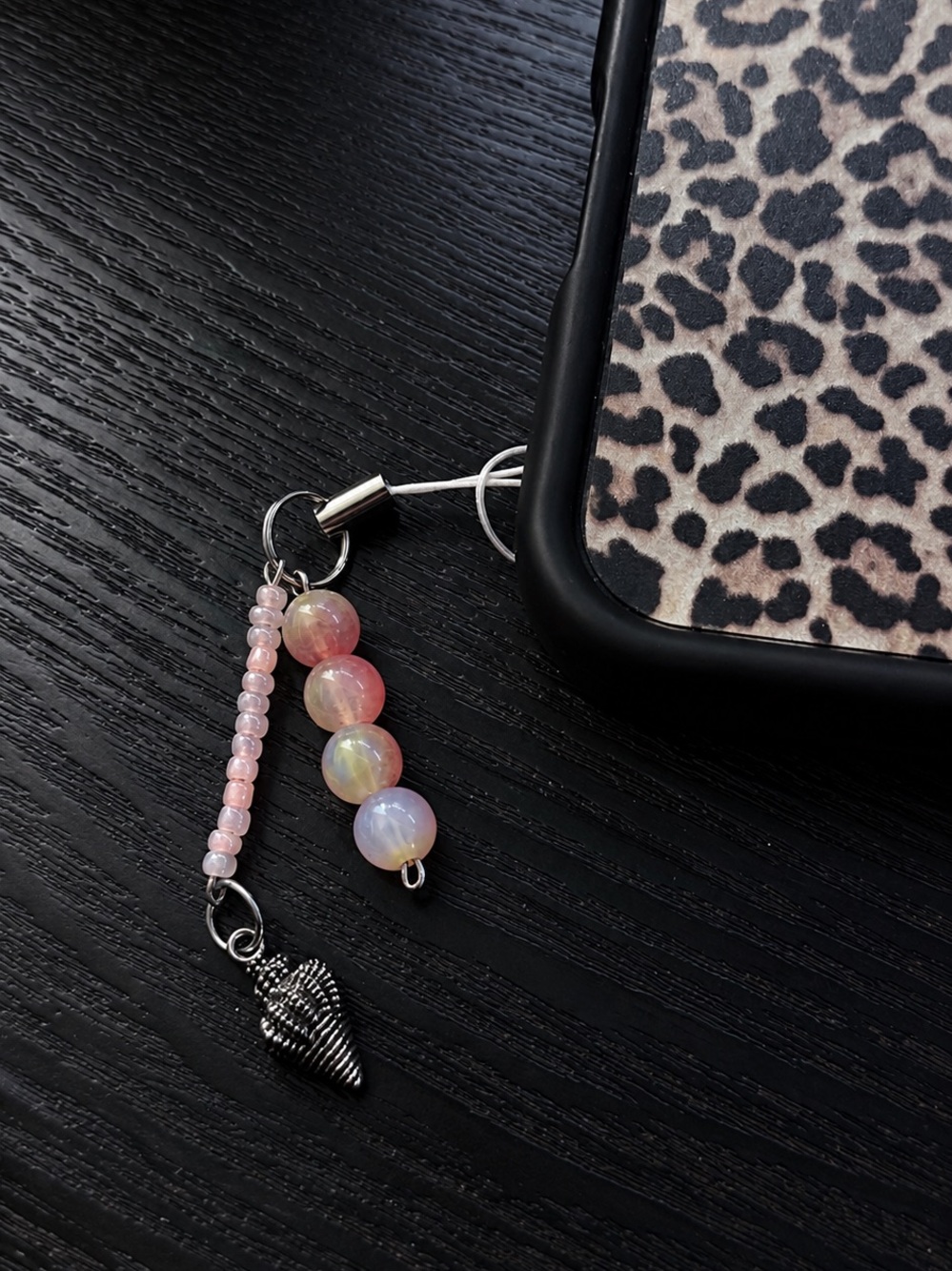Pink Beaded Phone Charm with Shell Pendant